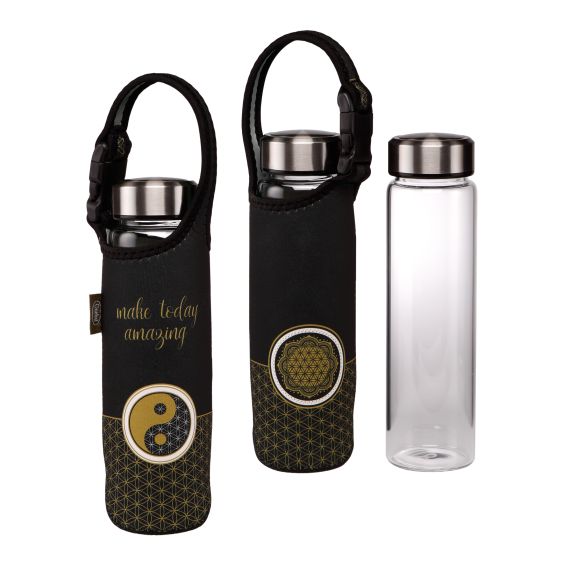 Produktbild von Glasflasche mit Neoprenhülle Ying Yang schwarz Lotus 