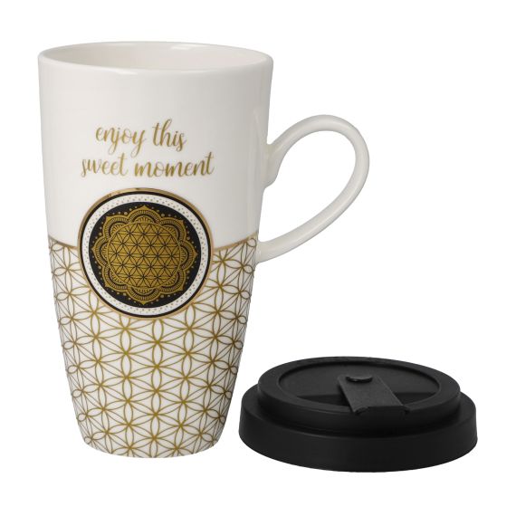 Produktbild von Künstlertasse mit Deckel Blume des Lebens weiß Lotus 