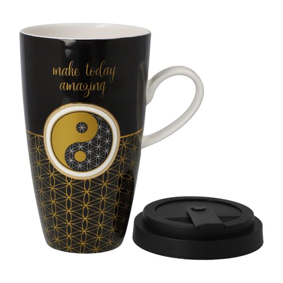 Produktbild von Künstlertasse mit Deckel Yin Yang schwarz Lotus 