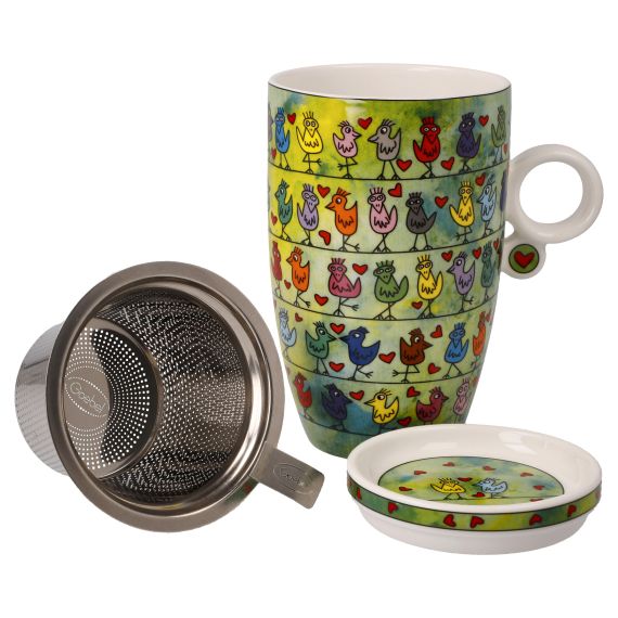 Produktbild von Teetasse mit Deckel und Sieb - Birds on a Love Wire - James Rizzi Pop Art 