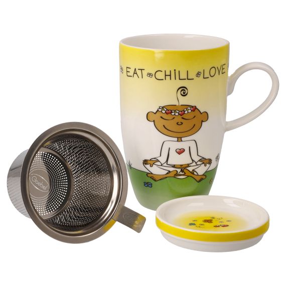 Teetasse mit Deckel und Sieb Der kleine Yogi - "Eat Chill Love"  