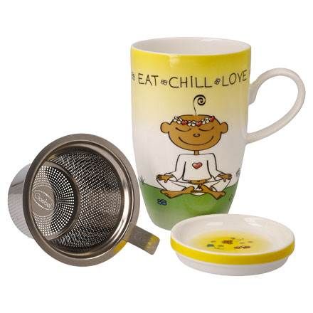 Teetasse mit Deckel und Sieb Der kleine Yogi - "Eat Chill Love"